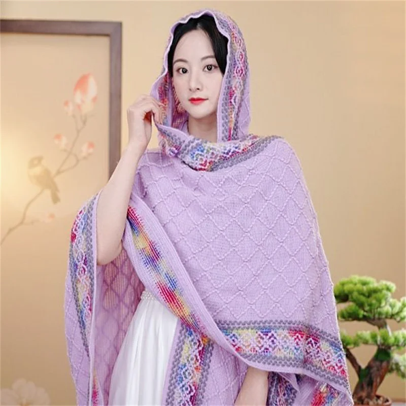 Spring Autumn Winter Ethnic Style Hooded Shawl Women Fashion Wild Knitted Cape Scarf Casual Tourism Cloak Feminina New 8 Colour