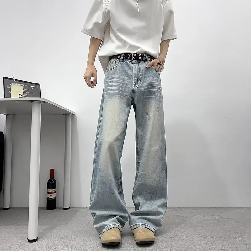 

American Retro Cleanfit Blue Waed Denim Jeans Men's Spring Autumn Loose Straight Leg Pants High Street Sle Casual Wear