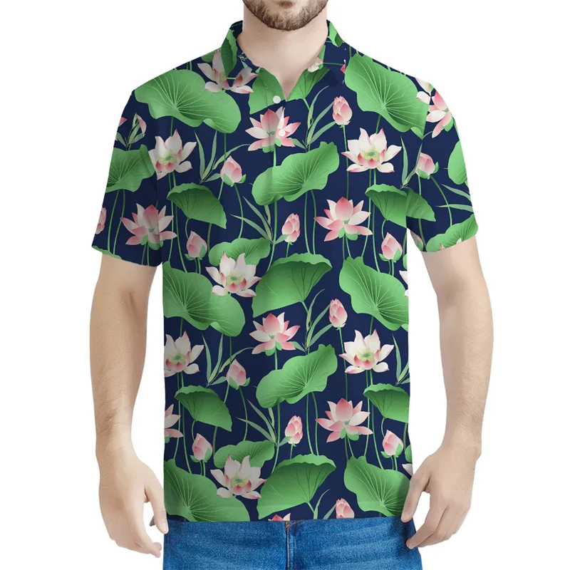 Flower Leaf Lotus Pattern Polo Shirts Men 3D Printed Floral Tee Shirt Casual Street Button T-Shirt Summer Lapel Short Sleeves