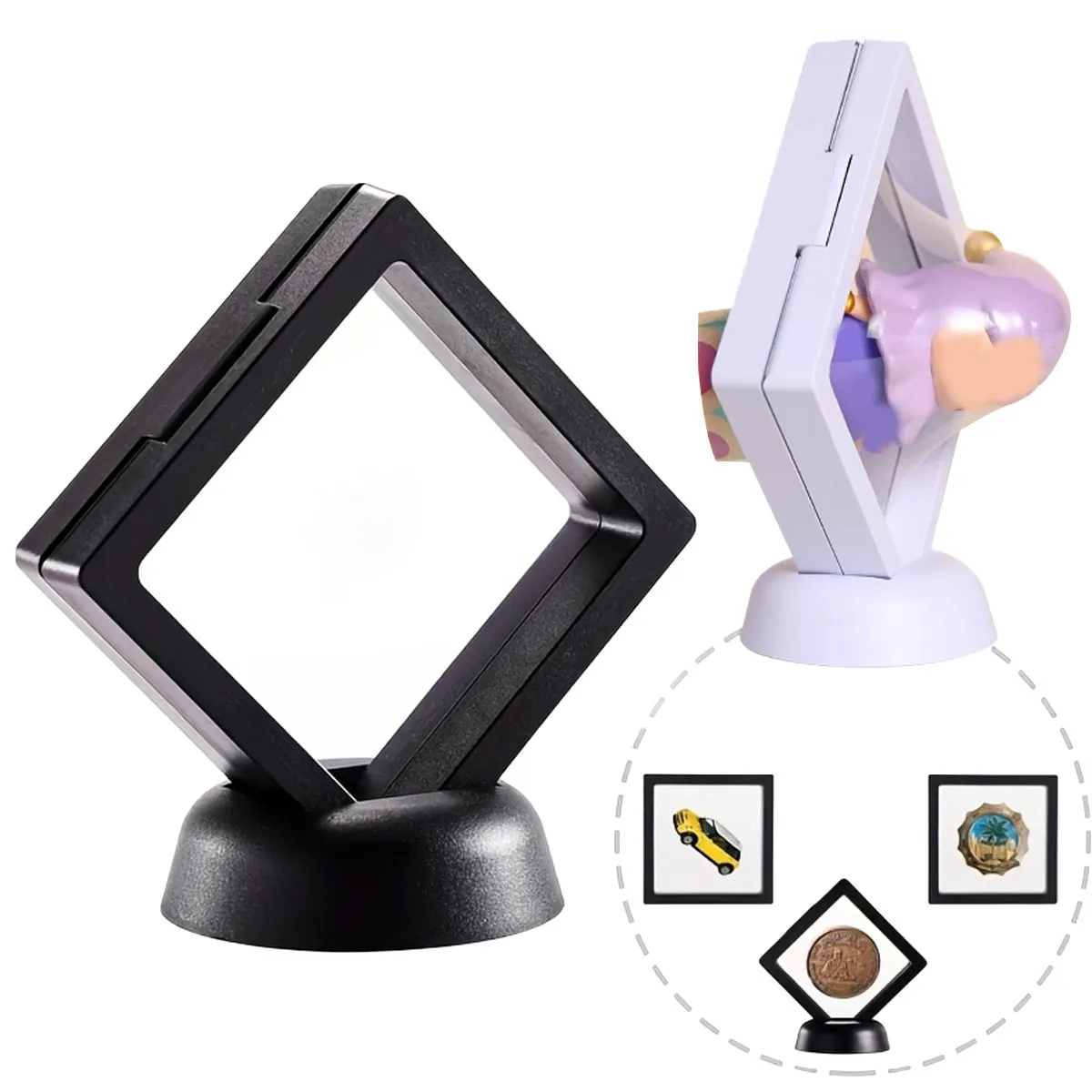 Présentoir flottant avec base, vitrine de film transparent, pièces de défi, spécimens, présentoir et rangement de bijoux