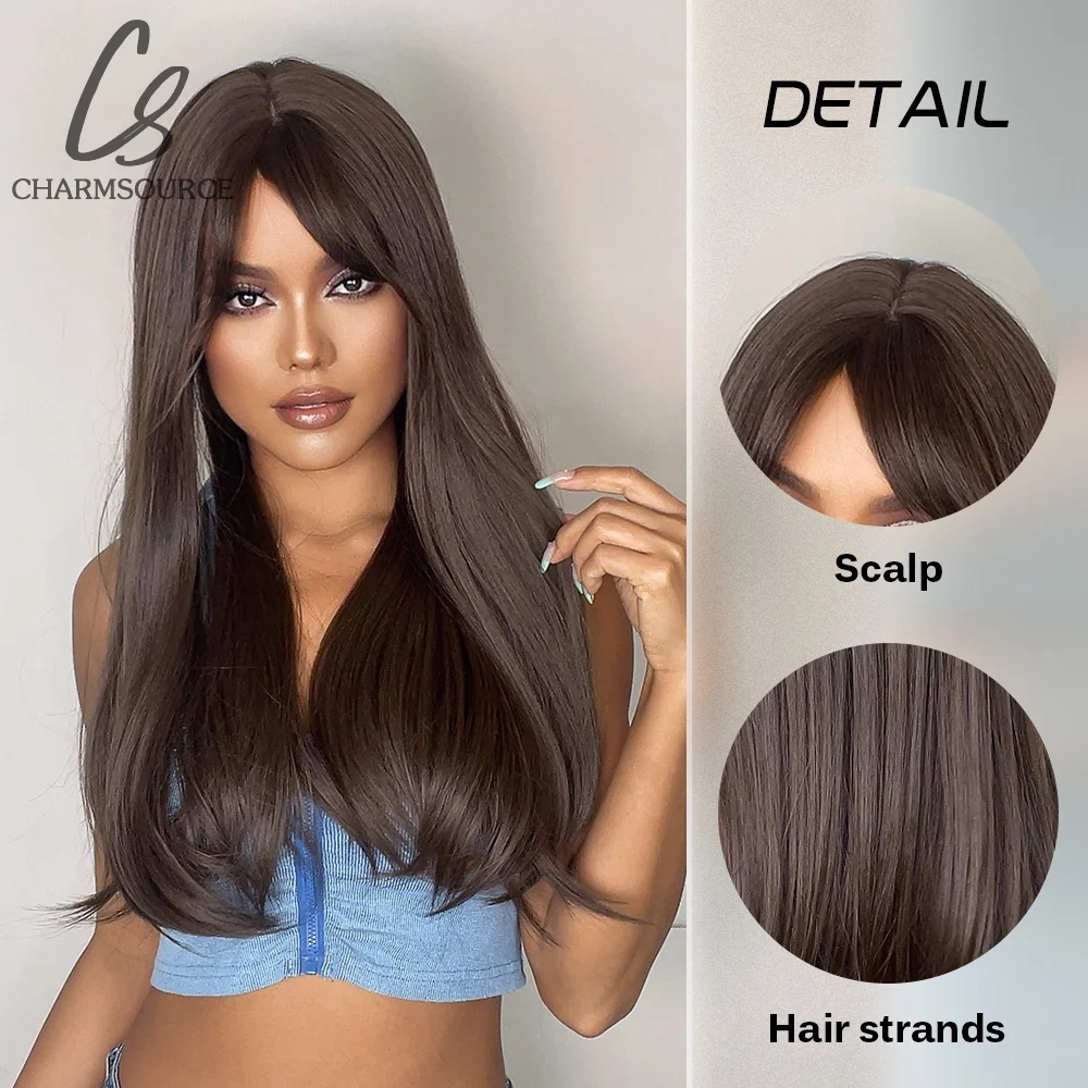 CharmSource Dark Brown Long Natural Straight Synthetic Wig Side Part with Bangs Hair Wigs for Women Heat Resistant