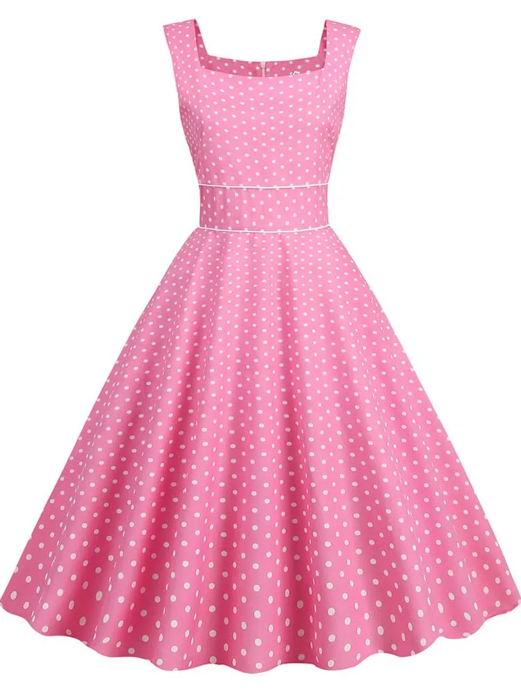 

Elegant Women Summer Dresses 2023 Square Collar Polka Dot Vintage Spaghetti Strap High Waist Party Sundress