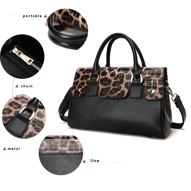 Genuine leather women\'s bag European and American new trendy women\'s leopard print ladies bag Messenger portable shoulder bag