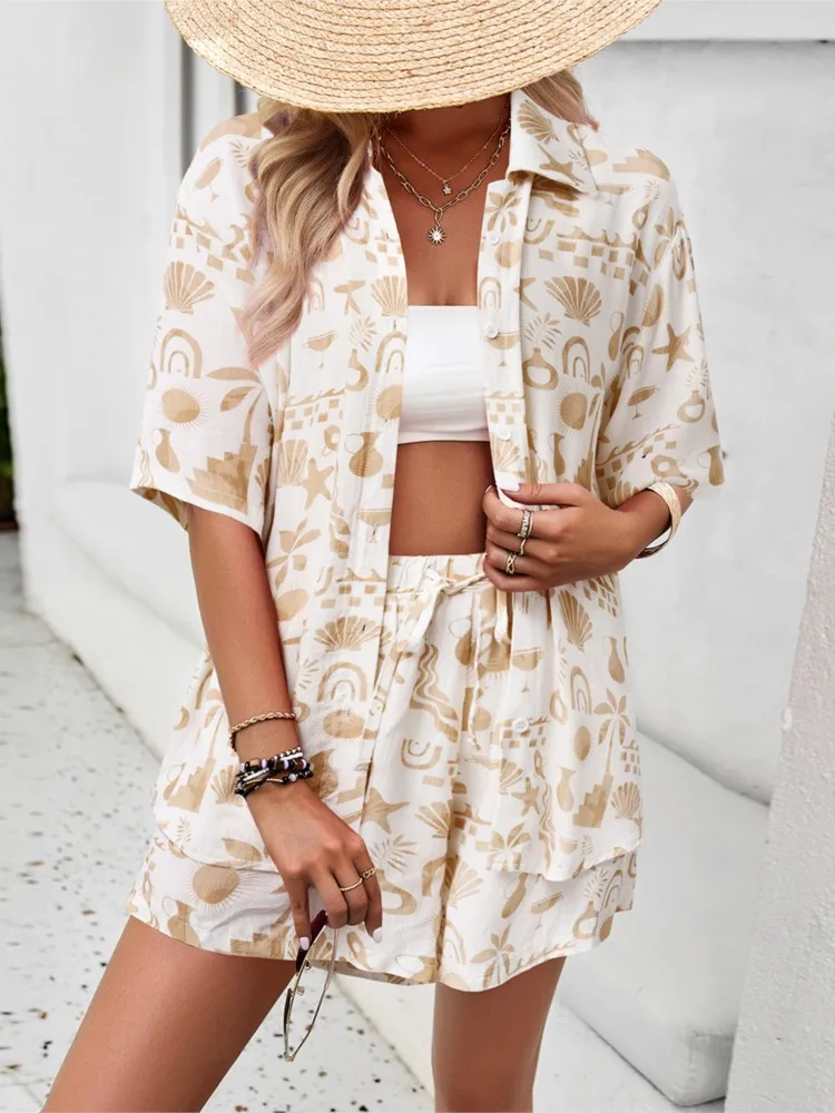 

Fashion Printed Button Suit 2026 Spring And Summer Women's New Casual Lapel Short-sleeved Shorts With Pockets Two-piece Set