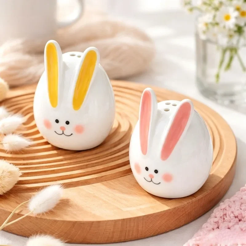 Korean Creative Cartoon Rabbit Ceramic Condiment Bottle Set Kitchen Porcelain Salt Pepper Cumin Storage Home Table Decorations