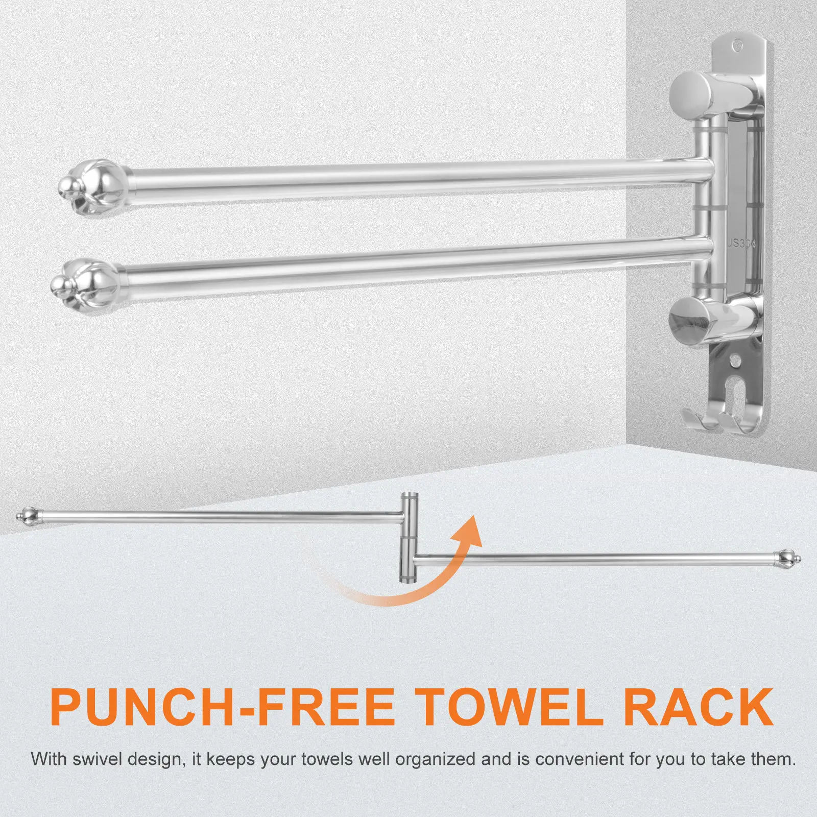 

Swivel Wall Mounted Stainless Steel Towel Bar 2 Arms Punch-Free Bathroom Towel Holder Organizer 180 Degree Rotating Rack