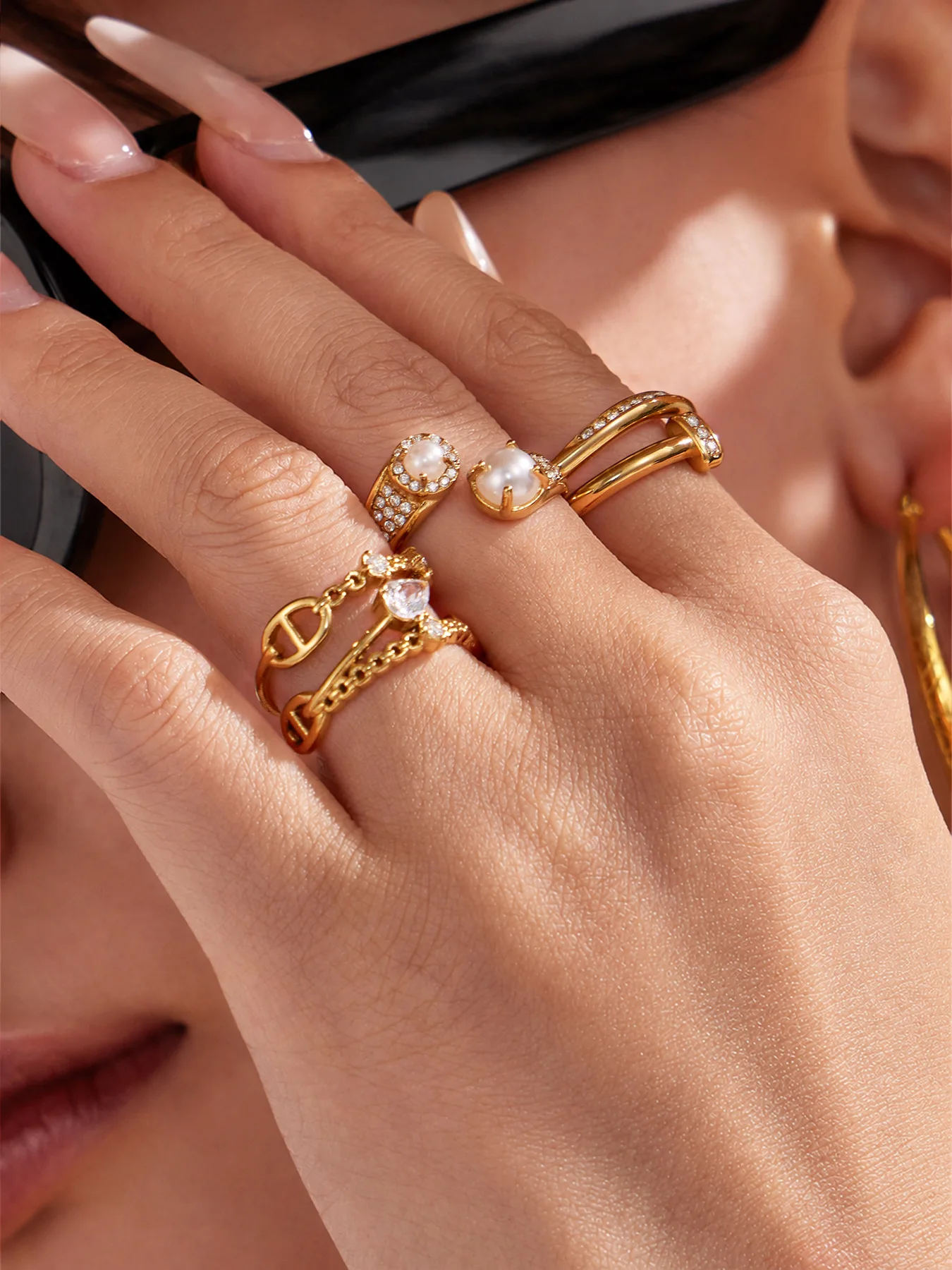 316L Edelstahlring, mehrlagig, mit Perlen und Zirkonia, tropfenförmig, offener Ring, 18 Karat vergoldet, schick, modern, zarter Schmuck für Damen – Detail 2