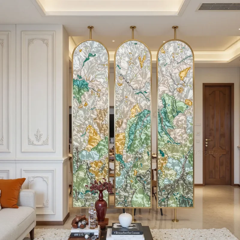 Modern Handmade Enamel Glass Room Divider Stainless Steel Rotating Screen for Hotel Bedroom Porch Light Translucent Partition