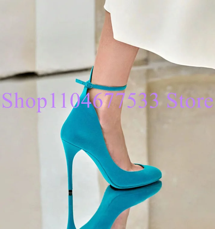 

Новые женские туфли-лодочки синего цвета с пряжкой и ремешком, модные женские туфли на высоком каблуке с круглым носком, женские модельные вечерние туфли на слинге