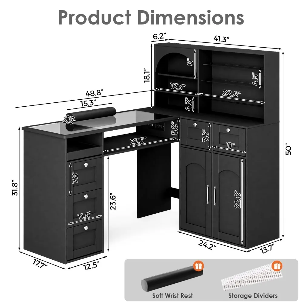 Manicure Table Nail Tech Desk w/LED Display Shelf, L-Shaped Glass Top Nail Station w/USB Ports, Cabinet, Drawer, Wrist