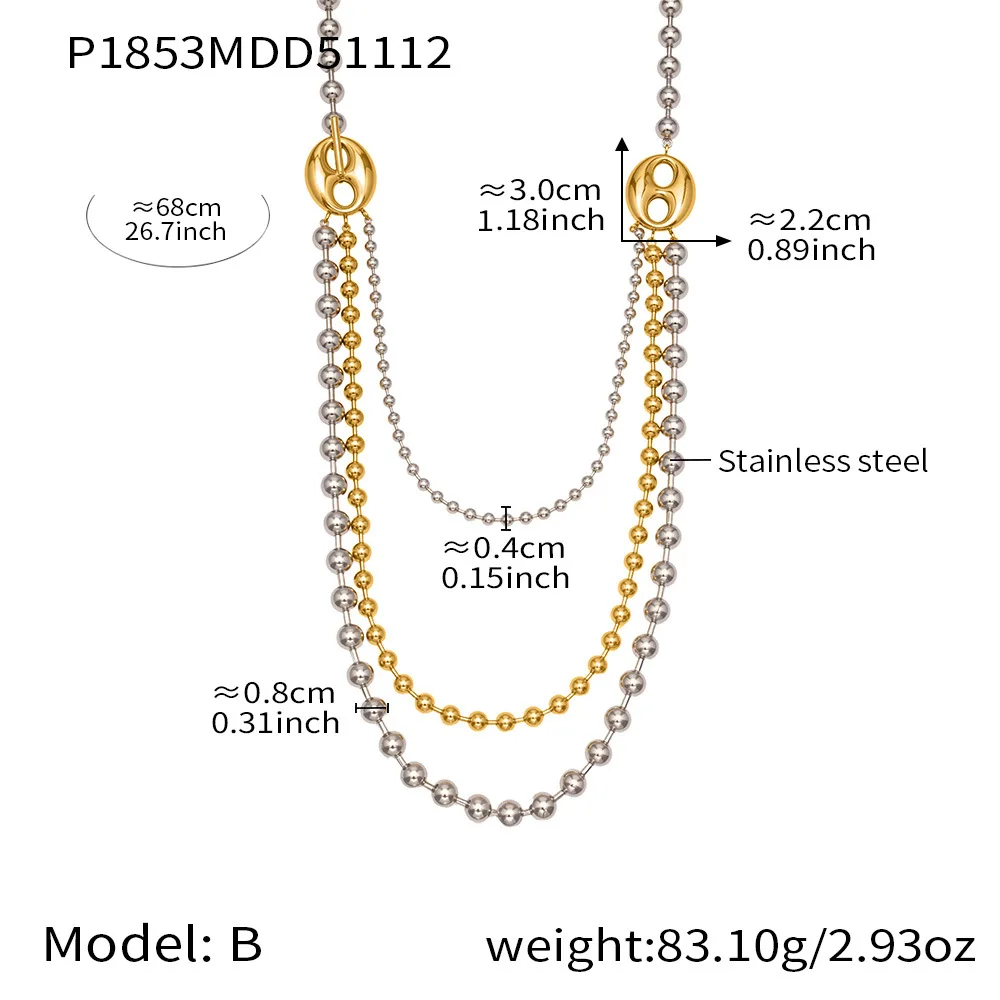 Zweifarbige dreilagige lange Halskette aus Edelstahl, 18 Karat vergoldete Perlen-Pullover-Kettenhalsketten für Damen – Detail 9