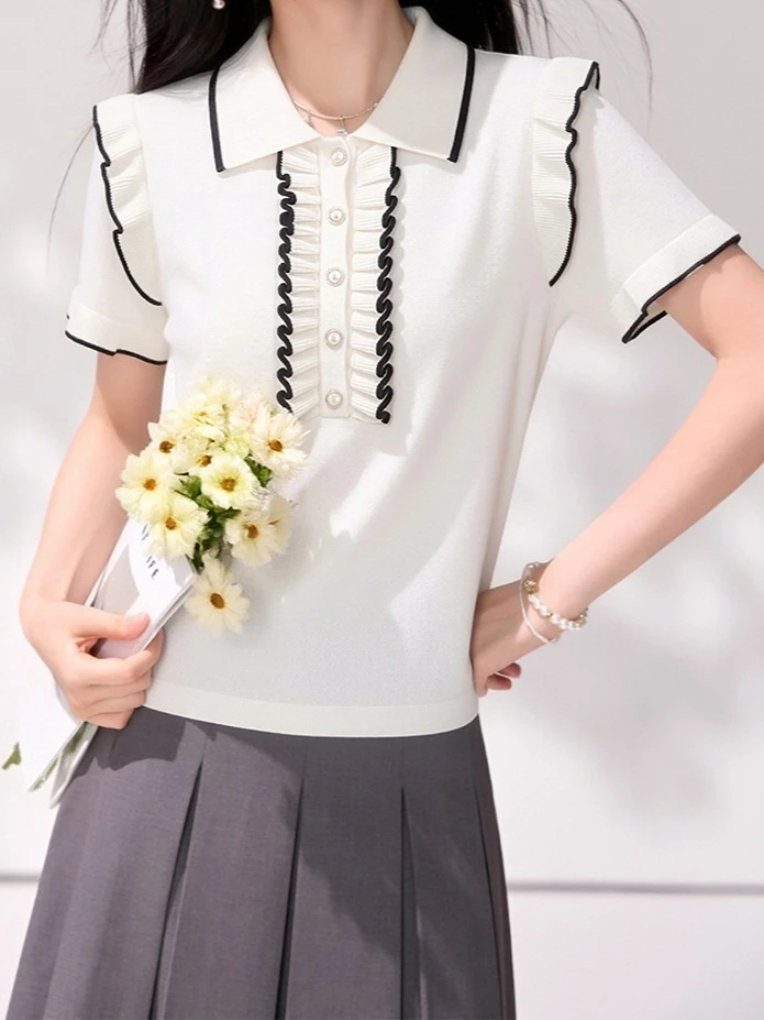 

French Retro Color-block Polo Lapel Ruffled Pleated Short Sleeve Top Summer Women's Fashion Slim Fit Youthful Versatile Shirt