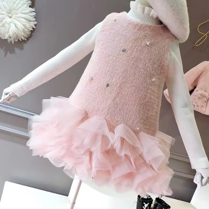 High-end Girls\' New Winter Dress Set Children\'s Small Fragrance Anti-fur Fur Coat Vest Skirt Set Kids Outfits 100-140cm