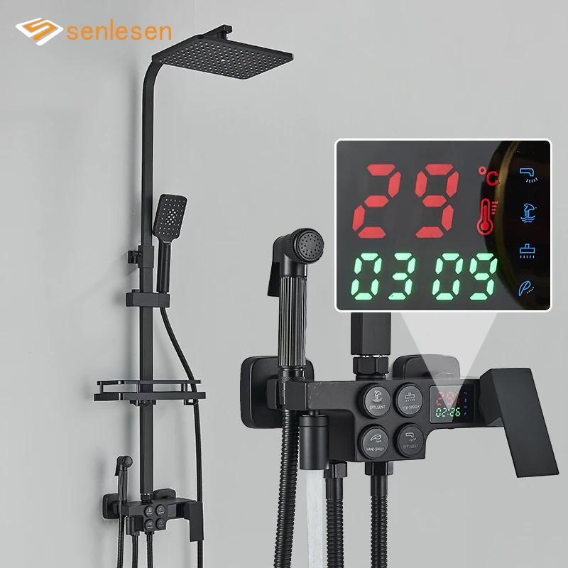 Матовый черный смеситель для душа, смесители для ванной комнаты, цифровой дисплей, смеситель для душа для ванной комнаты, набор для тропического душа, полка, Душевые системы для ванной комнаты Матовый черный смеситель для душа, смесители для ванной комнаты, цифровой дисплей, смеситель для душа для ванной комнаты, набор для тропического душа, полка, Душевые системы для ванной комнаты