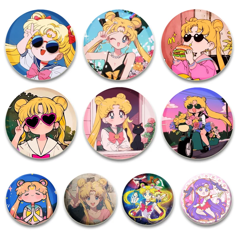 Anime Sailor Warrior Brooches Tsukino Usagi Chibiusa Ami Rei Makoto Cartoon Badge Round Lapel Pins for Backpack Accessorie Gifts