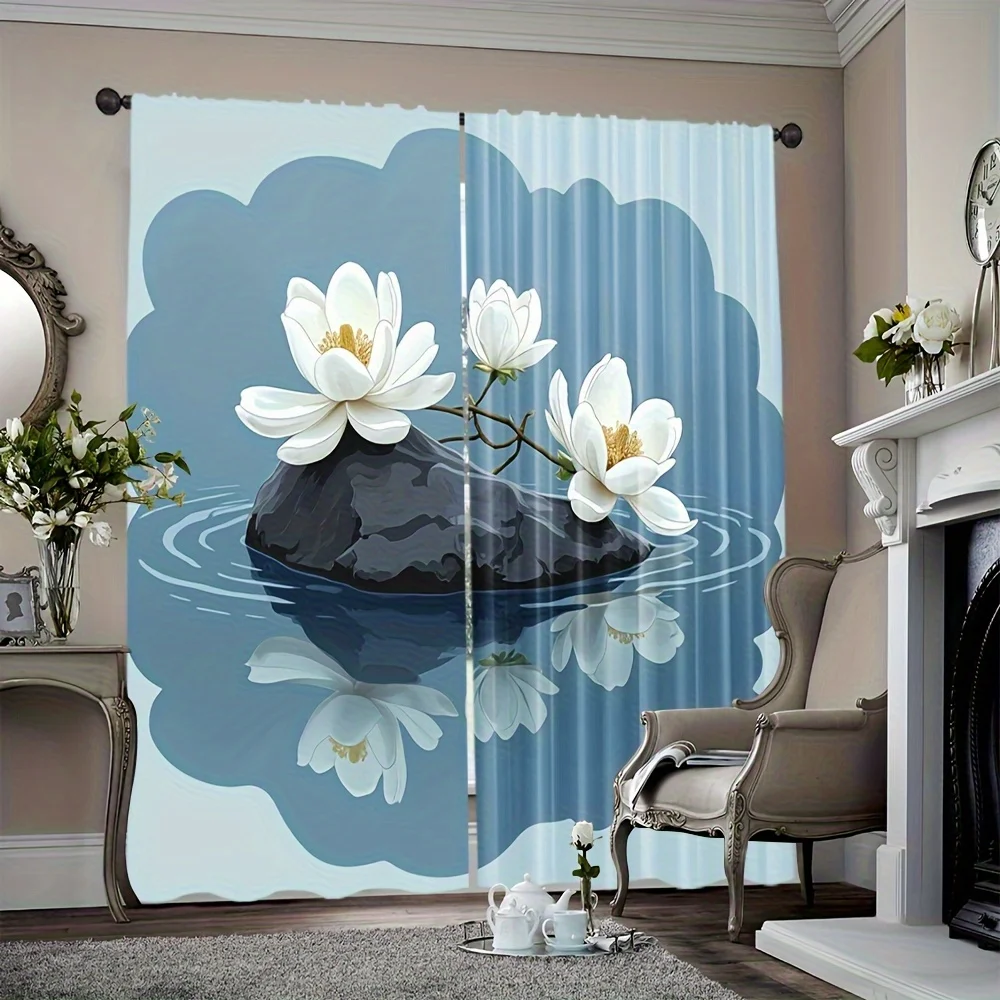 2pc White magnolia and cloud patterned curtains, made of polyester, machine washable, suitable for bedroom and living room décor