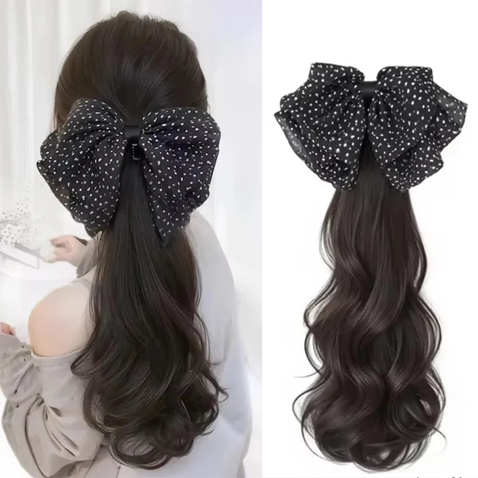 

Polka Dot Bow Synthetic Ponytail With Mini Claw Clip For Women Vintage Low-tie Body Wave Fake Ponytail With Butterfly Knot
