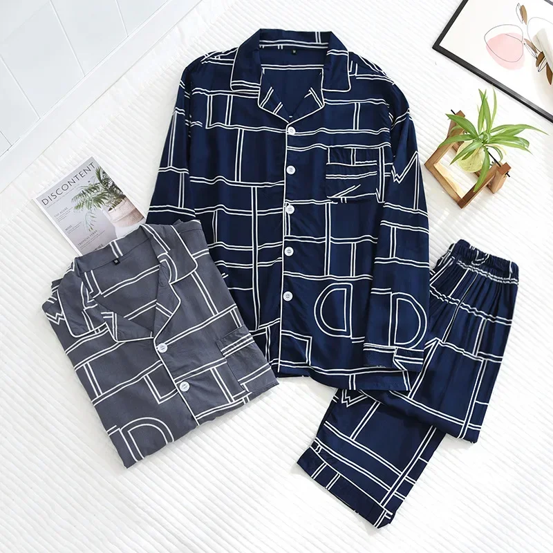 Spring and summer new men's pajamas long-sleeved trousers two-piece set 100% viscose thin homewear set cardigan large size sleep