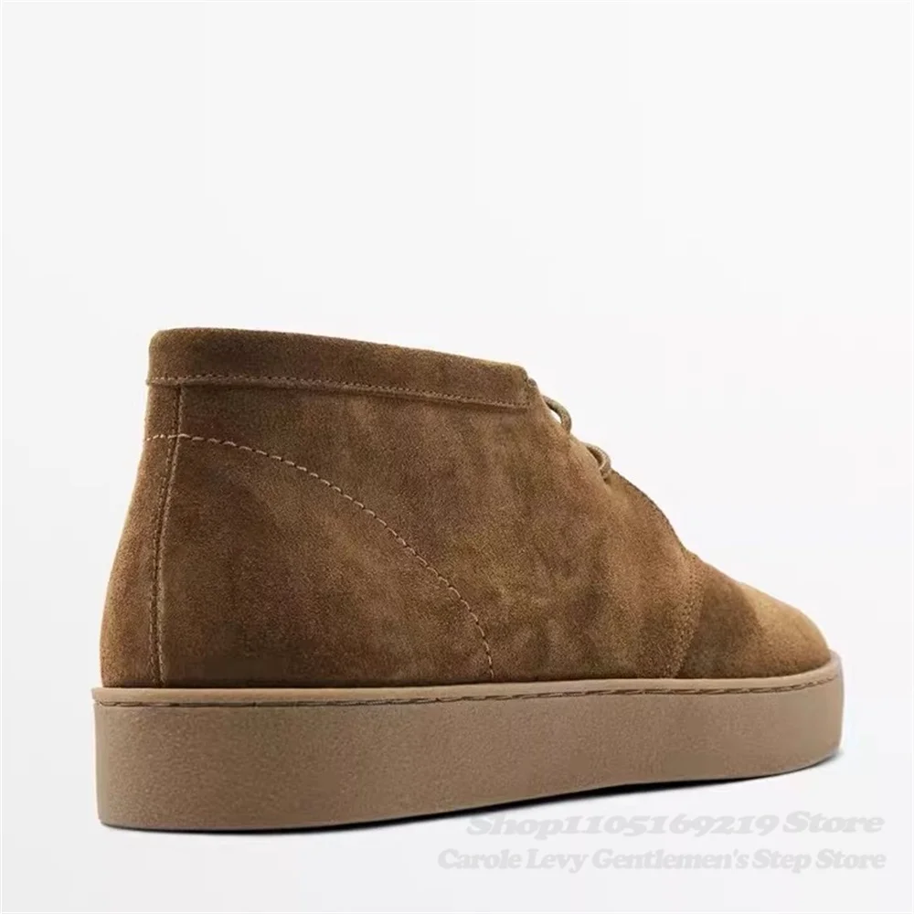 2026 Winter New Retro Brown Lace Up Soft Suede Leather Short Boots Men Round Toe Platform Solid Coloe Business High Top Boot