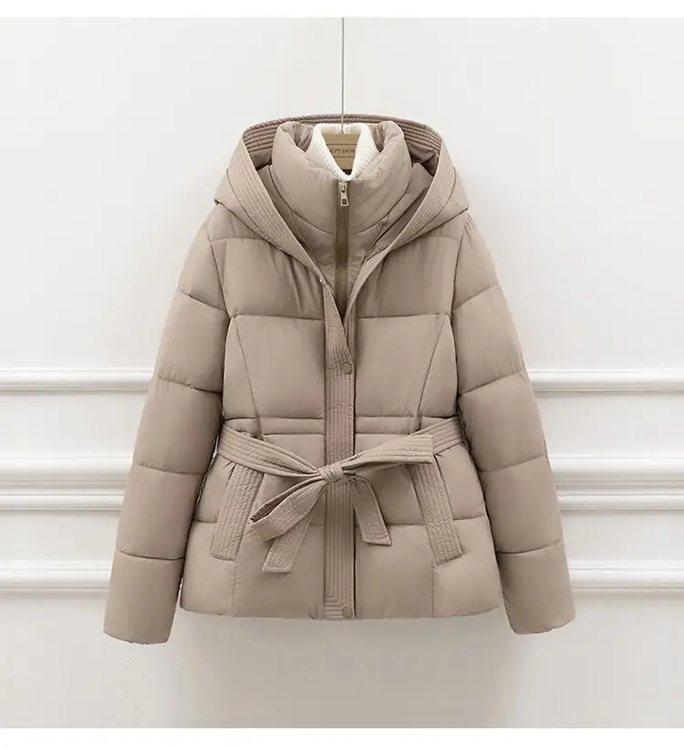 High End Down Cotton Jacket for Women Winter 2026 Fashion Slim Thicken Hooded Bread Coat Female Warm Parka Overcoat With Belt