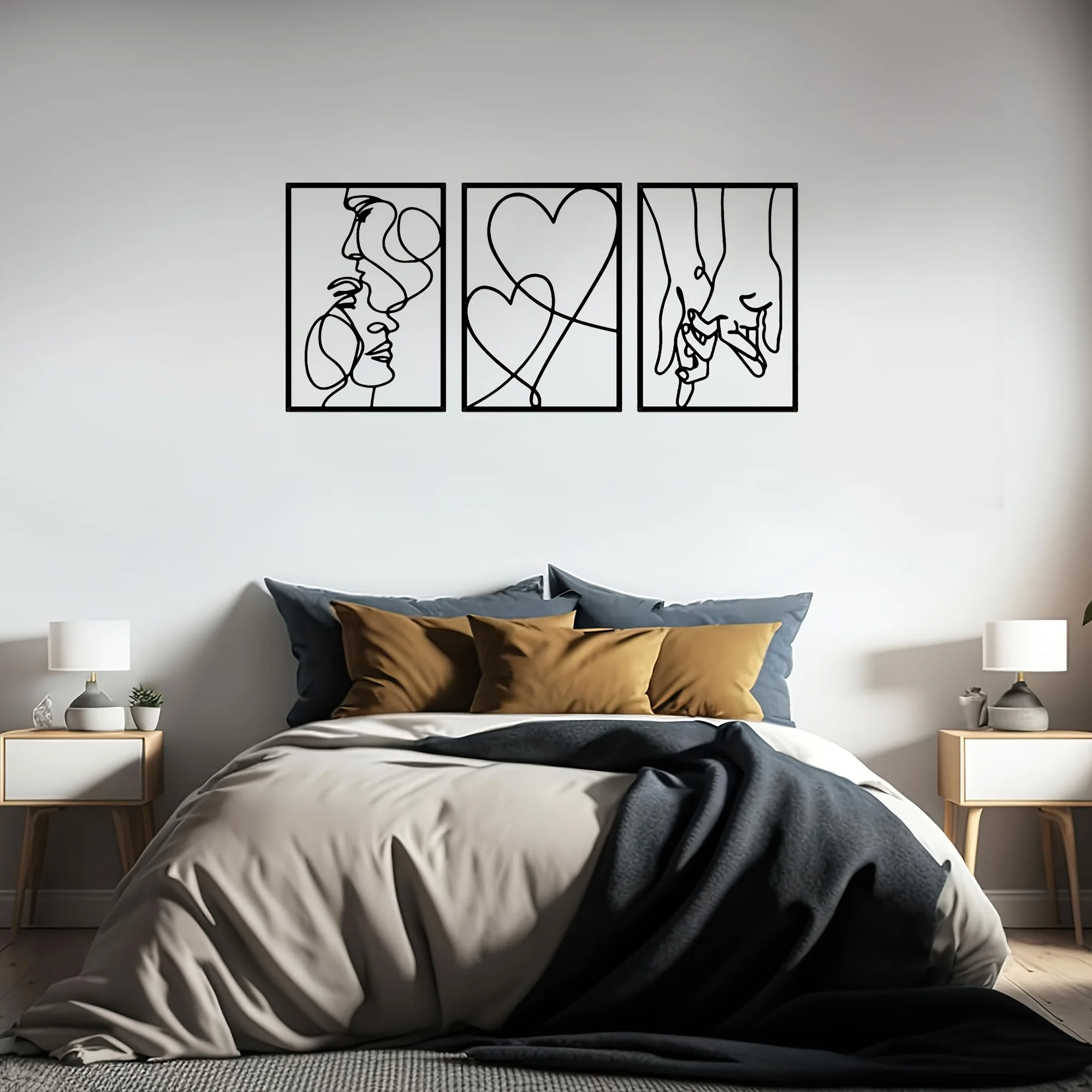 3pcs Set of Lovers Kissing and Holding Hands Heart Pattern Wall Decor, Iron Art Minimalist Lines, Easy-to-Hang Home Decor Art