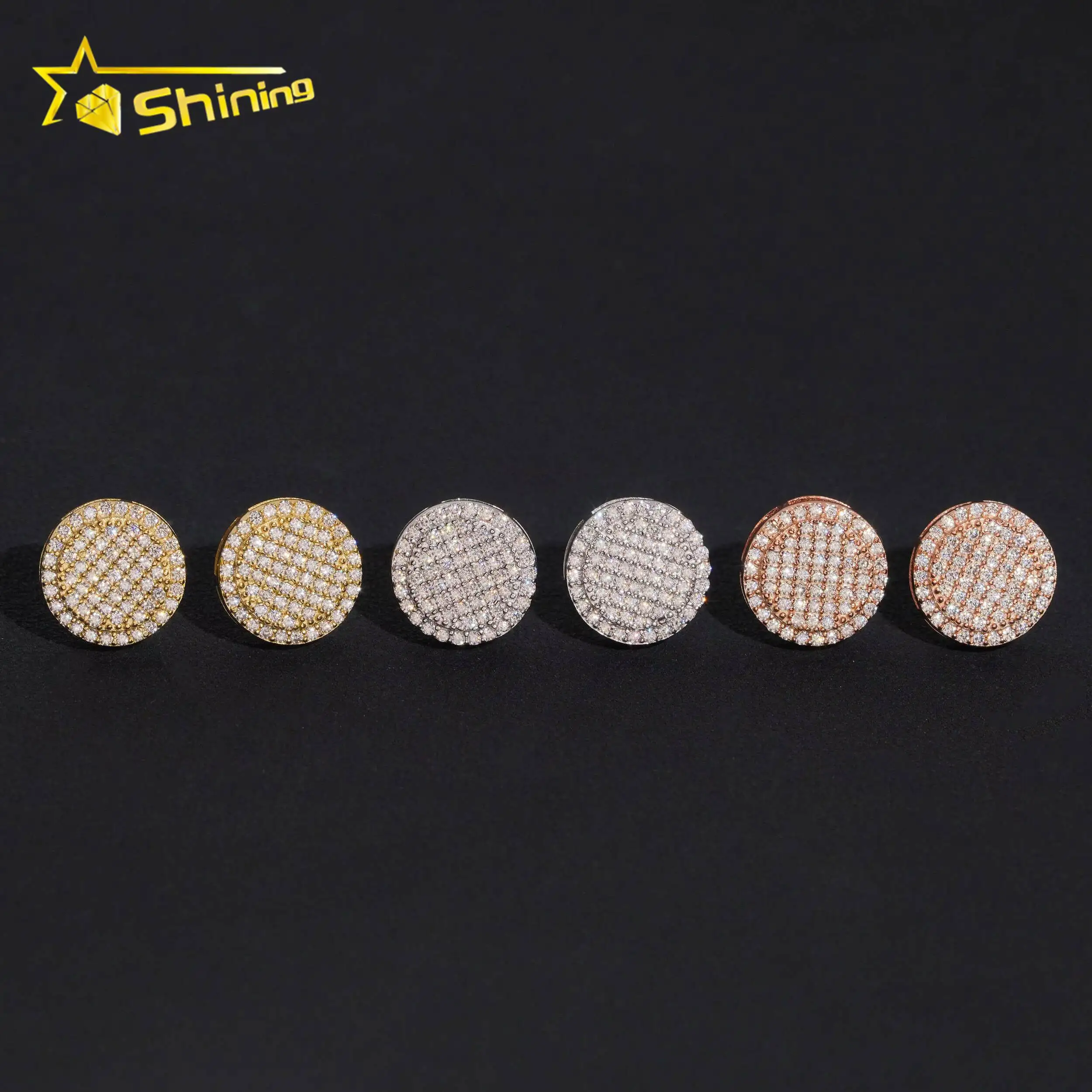 Pass Diamond Test 12mm Men's Earring Gold Plated 925 Sterling Silver Iced Out VVS Diamond Moissanite Screw Back Stud Earrings