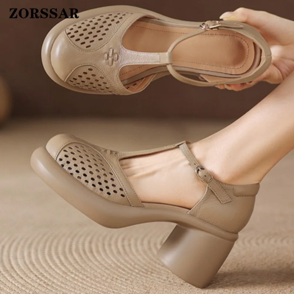 2026 New Women's Hollow Out Platform Mary Jane Heels T-Strap Closed Toe Sandals Comfort Buckle Casual Office Summer Leather Shoe