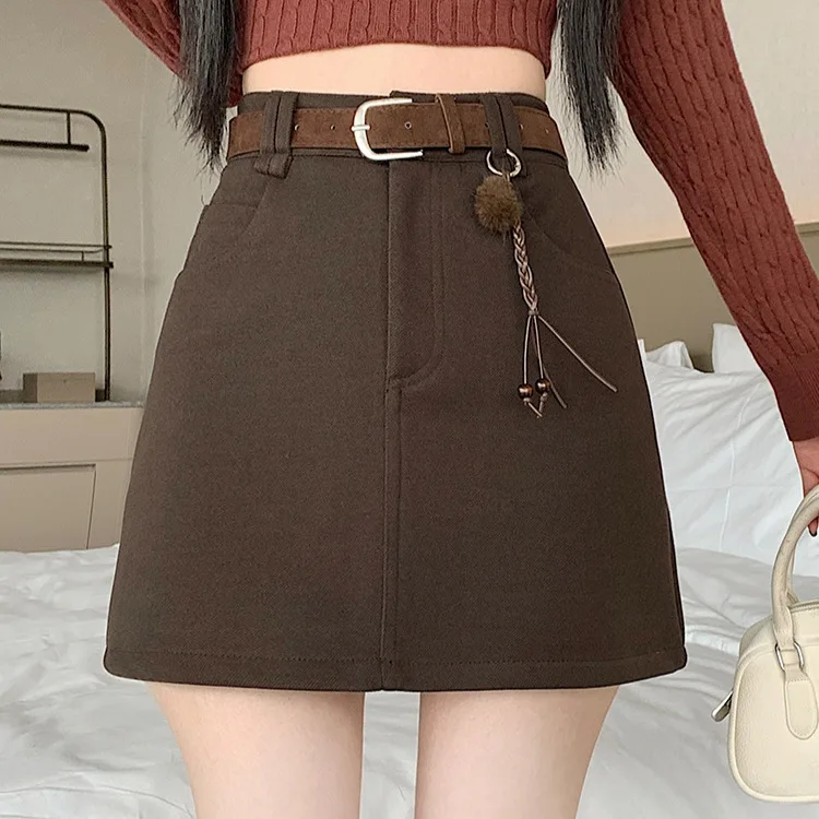 

2025 autumn new versatile high waist slimming woolen skirt for women's autumn and winter fashion A-line hip hugging short skirt