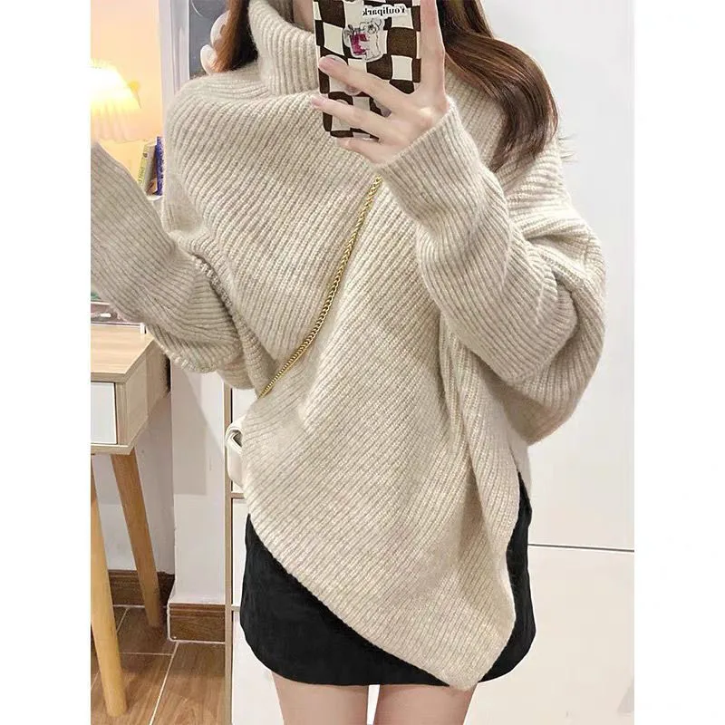 Sweater rajut wanita Korea, tebal, Turtleneck asimetris, Sweater longgar, wanita musim dingin, warna Solid, elastis, hangat, semua cocok