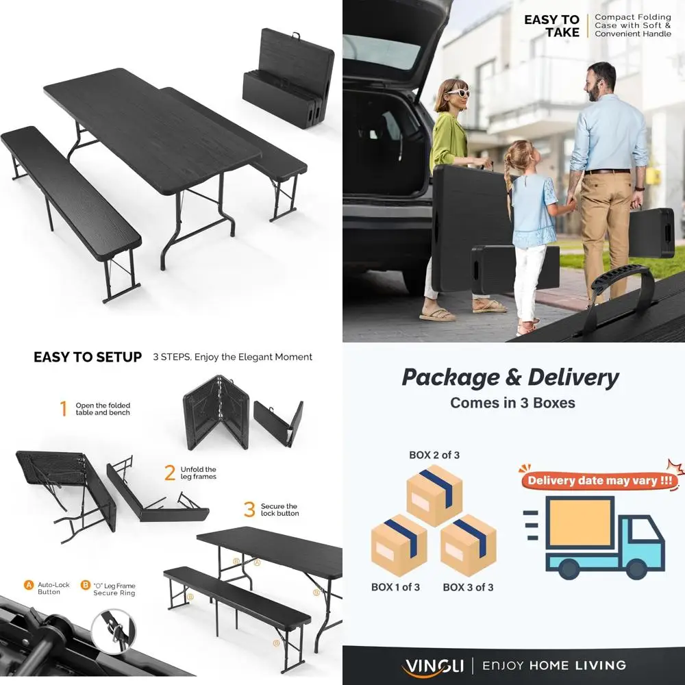 طقم طاولة نزهة قابلة للطي مع مقعدين، أثاث للتخييم في الهواء الطلق بطول 6 أقدام، طقم كراسي طاولة محمولة مكون من 3 قطع للاستخدام الداخلي والخارجي #1