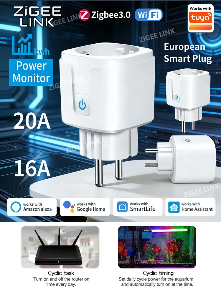 Zigbee of WiFi Smart Plug 16A/20A EU Smart Socket met energieverbruiksmeter, timerfunctie en spraakbesturing via Tuya, Alexa en Google Home - afbeelding 2