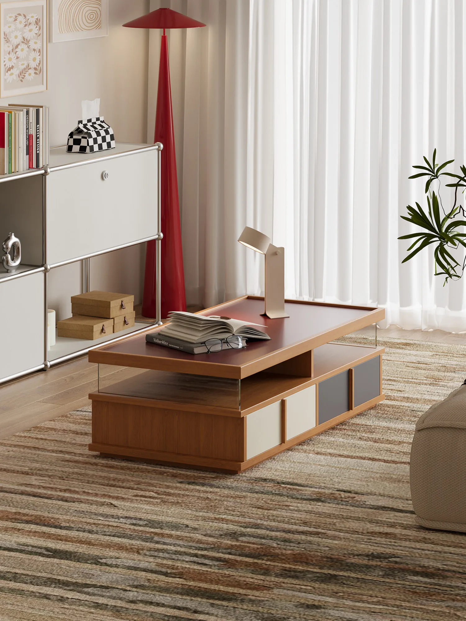Simple color lattice wood coffee table living room sofa edge  storage locker  FT