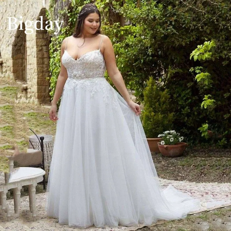 Elegante a-line Plus Size abiti da sposa donna aperto indietro pizzo bianco Sweetheart Tulle abiti da sposa Sweep Train Vestidos De Novia