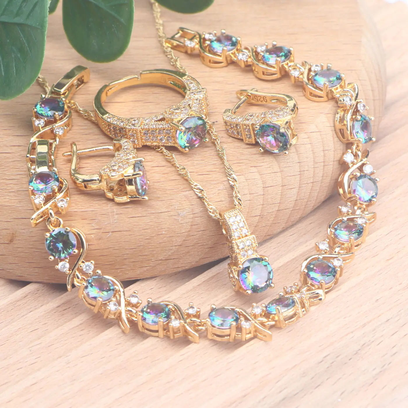 

925 Silver Jewelry Sets For Women Gold Color Bridal Wedding Magic Rainbow Zircon Earrings Bracelets Rings Pendant Necklace Set