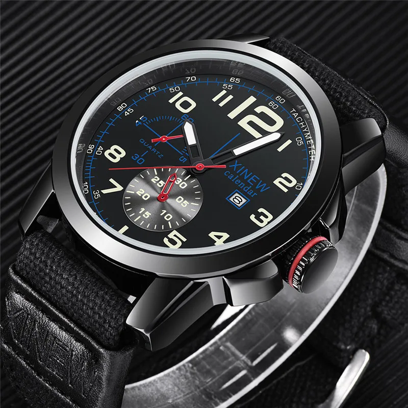 Men Big Brand XINEW Watches Fashion Nylon Band Simple Military Sports Date Quartz Vintage Watch Black Relogios Masculinos 2024