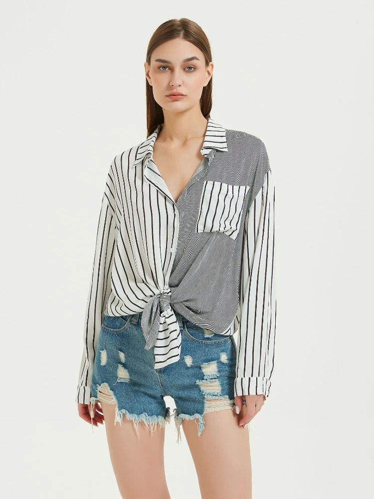 Tunic Shirt Beach Stripe Patchwork Turn Down Collar Long Sleeve Blouse Women Bikini Cover Ups Swimsuit Cape Elegant Beachwear