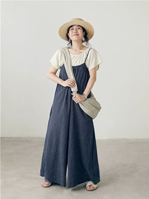 Calças Largas Listradas Azuis para Mulheres, Novas Calças de Verão com Cintura Alta, Estilo Artístico Retro, Confortáveis para o Dia a Dia