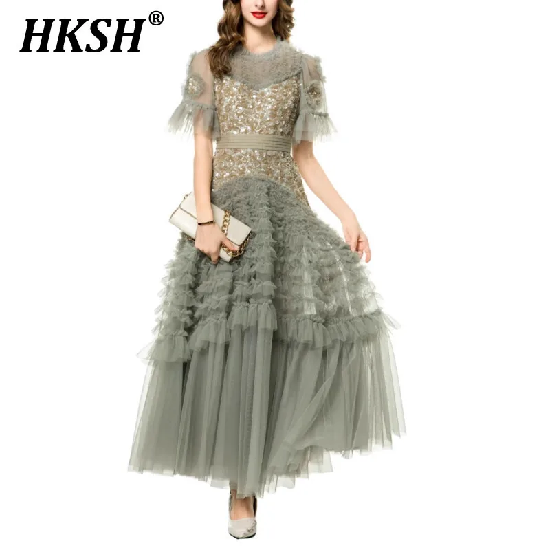 

HKSH Spring Summer New Women Sweet Fashion Elegant Sequins Embroidery Waist Cinching Fluffy Mesh Large Swing Long Dresses HK5393