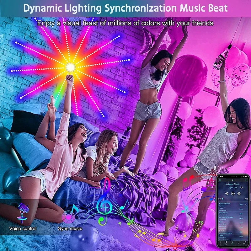 LED Firework Lights Indoor App & Remote Control RGB Color 213 Dynamic Modes Led Strip Lights Christmas Birthday Party Decoration