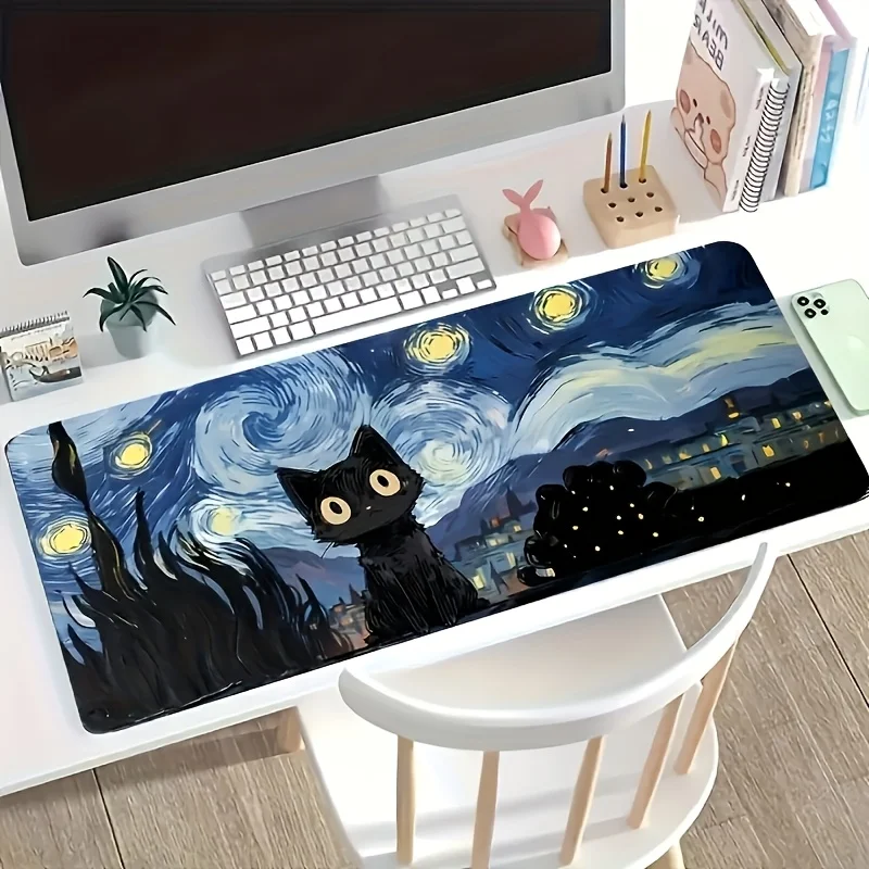 Van Gogh Starry Night Black Cat Gaming Mouse Pad, Large Non-Slip Desk Mat with Artistic Vibe for Gamers & Home Office