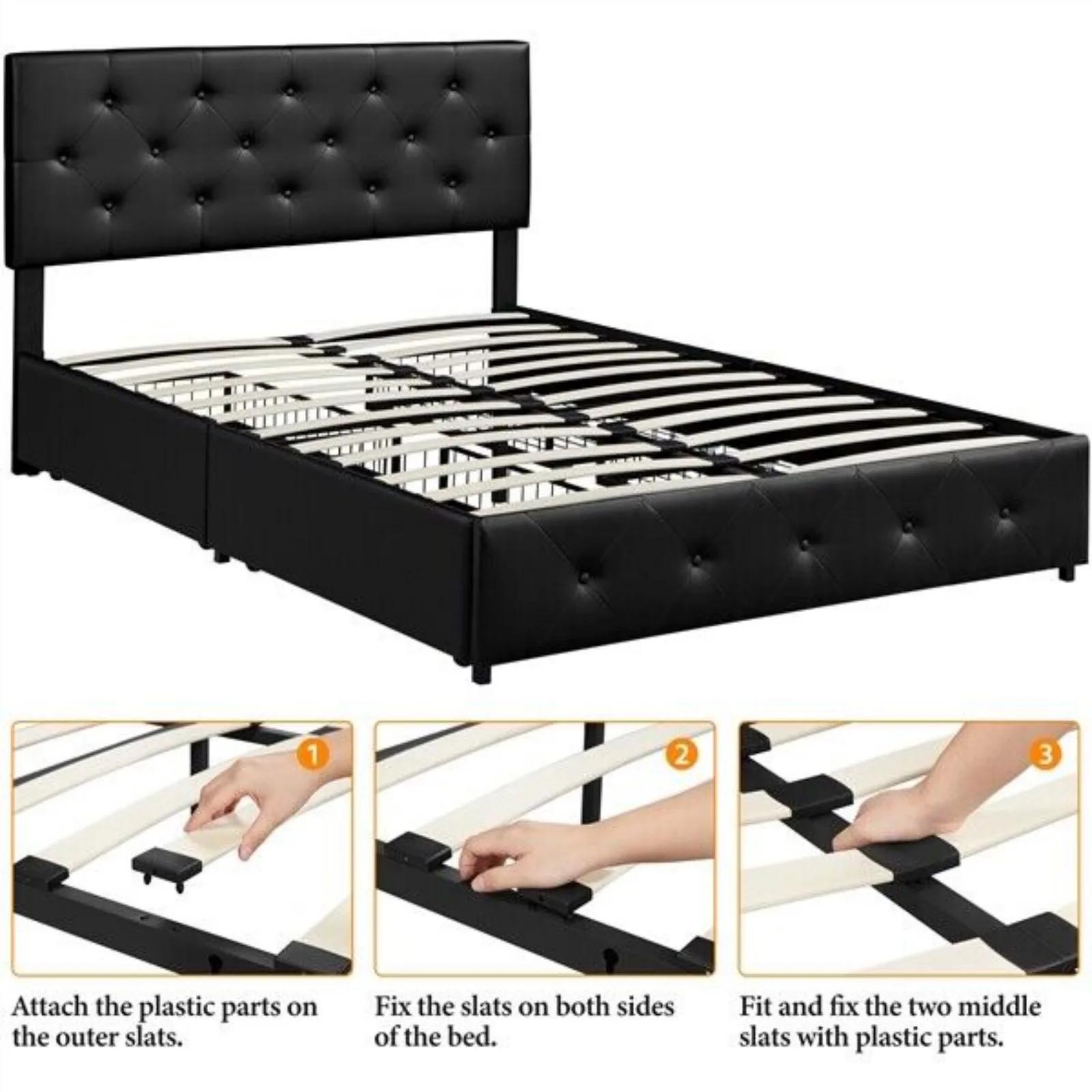 Queen Faux Leather Platform Bed Frame with Adjustable Headboard and 4 Drawers United States