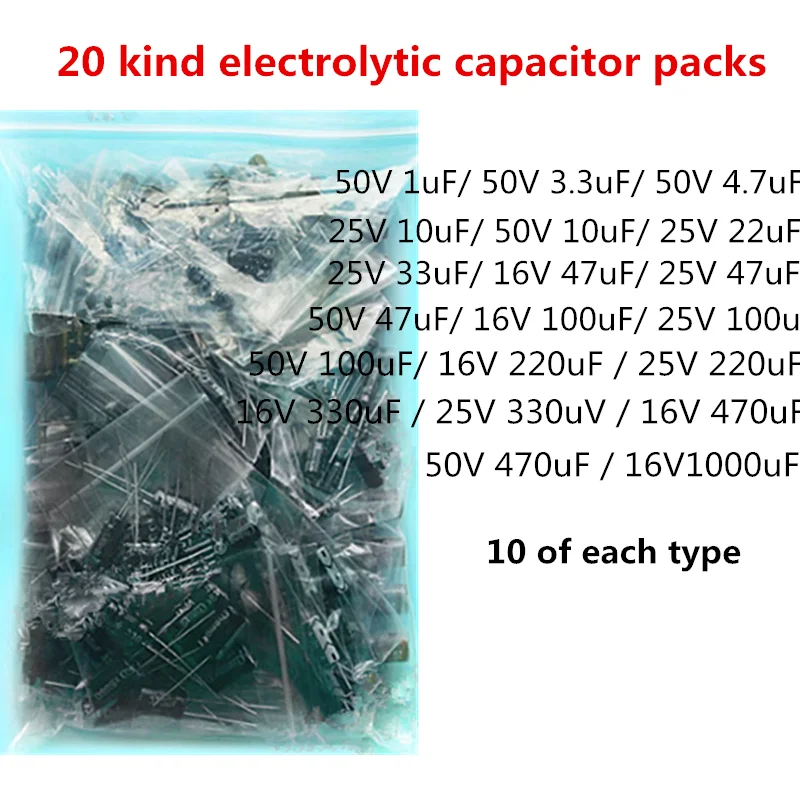 

20 kind electrolytic capacitor packs 50V 1uF/ 50V 3.3uF/ 50V 4.7uF/10UF/22UF/33UF/47UF/100UF/220UF/3300UF/470UF/1000UF