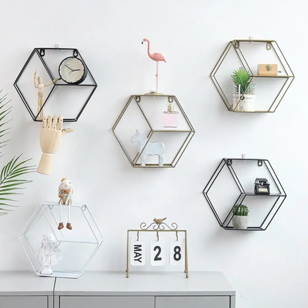 

Hexagon Shelves Decor Nordic Style Metal Home Wall Decoration Potted Ornament Holder Rack Living Room Bedroom Decoration