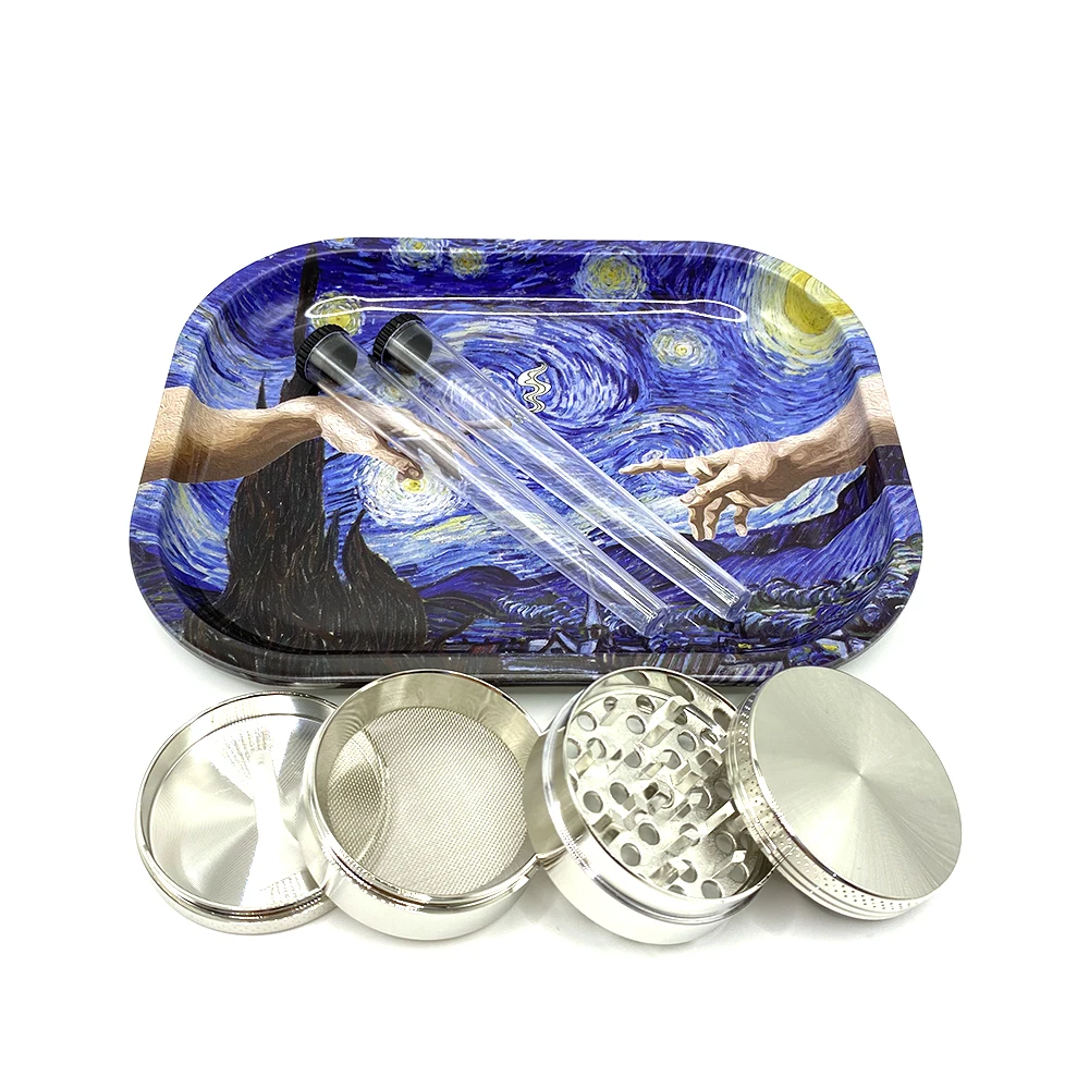 5Pcs/Set Cigarette 50MM 4 Layer Herb Grass Grinder Tobacco Storage Tube 18X14CM Metal Rolling Tray Smoke Kit