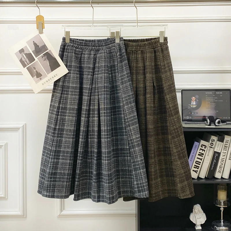 

Ретро-юбка миди из шерсти в клетку с высокой талией, свободного кроя, для женщин, с эластичным поясом, повседневная, универсальная, стройнящая фигуру