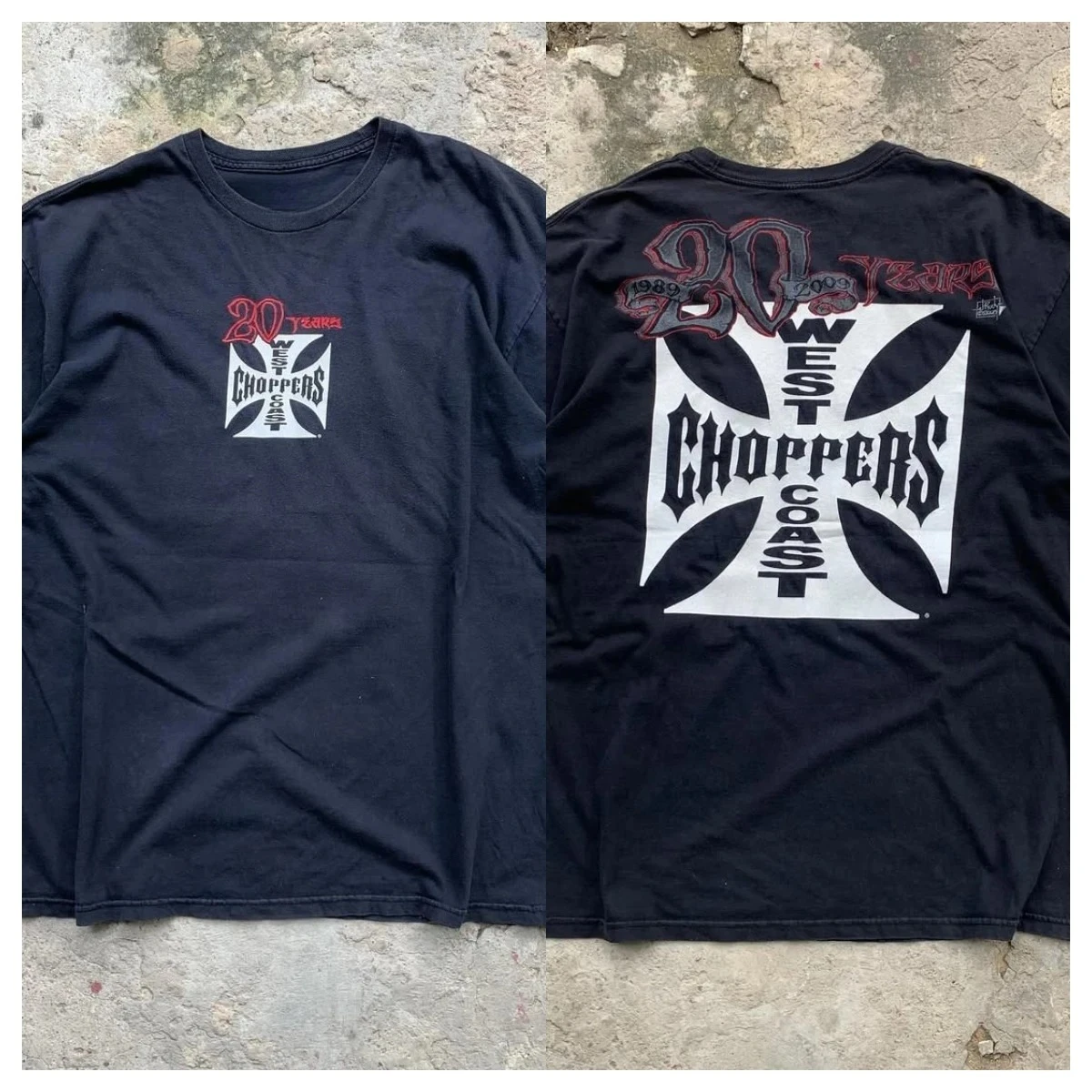 Unisex-Doppelseitiges T-Shirt West Coast Choppers 20 Jahre Jubiläum Kreuz-Logo 1989-2009 Vintage Motorradliebhaber Street Tee – Detail 5