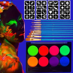 8-Color Luminiscent Paint with Sticker Face Body Art Paint UV Glow Fluorescent Glowing Halloween Party Fancy Dress Beauty Makeup