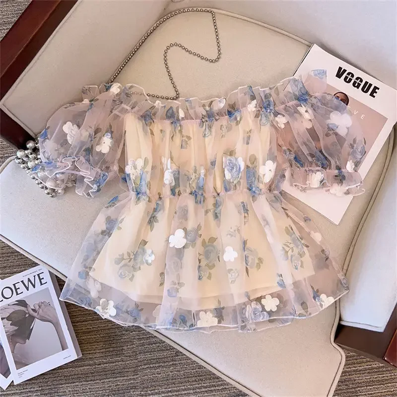 Korean Fragmented Chiffon Tops Women Summer New Sweet Puff Sleeve Patchwork Mesh Sexy Slash Neck Backless Blouses