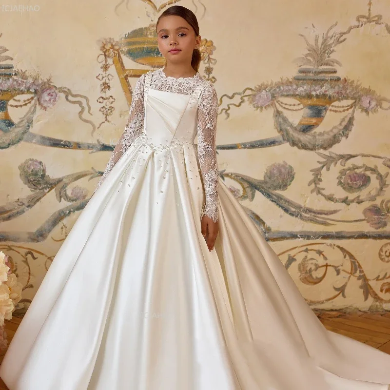 Kids Long Sleeve Flower Girl Dresses European American Puffy Pageant Dress for Girls Style Satin Gown with Long Train Lace Trim