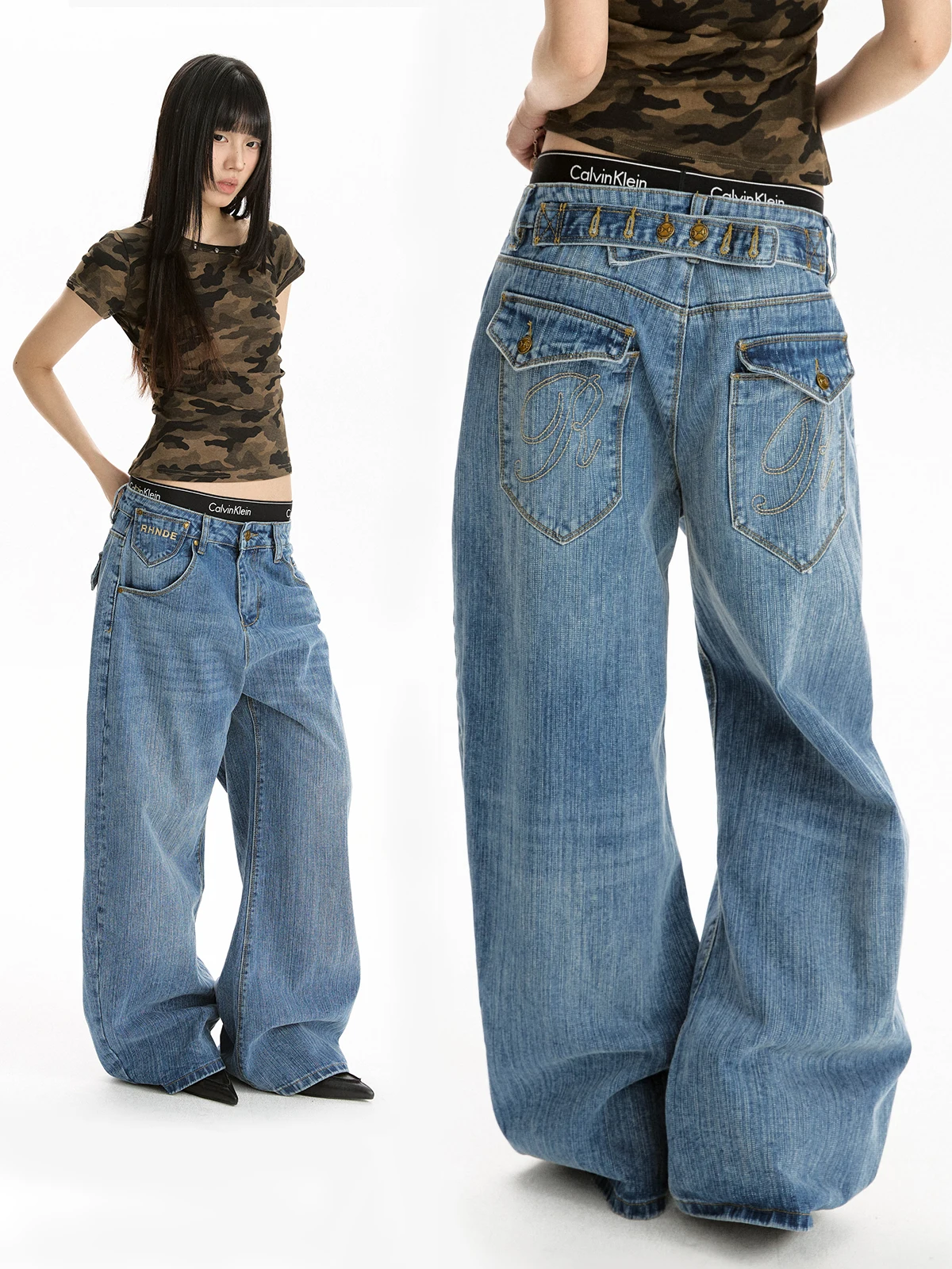 

Aket American Retro Paris Button Waed Bamboo Pattern Jeans Women's Loose Straight Leg Long Trousers High Waist Denim